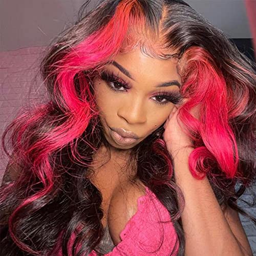 Skunk Stripe Wig Pink Red Human Hair Lace Front Wigs for Black Women 13X4 HD Lace Front Wigs Human Hair Wigs for Black Women Brazilian Virgin Hair Pre Plucked with Baby Hair 26 Inch