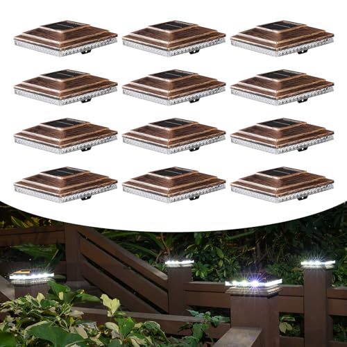 Solar Post Cap Lights,Outdoor Deck Fence Post Lights,Powerful Lithium Battery 20Lumens Two Light Modes Warm White/Bright White Suitable for 4x4 5x5 Wooden Posts,4x4 Viny Posts (Brushed Copper, 12pk)