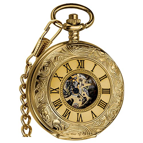 VIGOROSO Mens Pocket Watch with Chain Half Hunter Double Cover Skeleton Mechanical Watches Gold Roman Numeral in Box