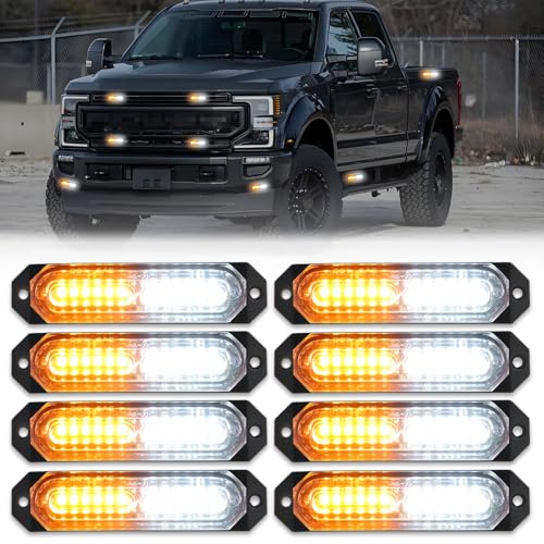 OFFKAT Upgraded 8 PCS [SUPER BRIGHT] 12-LED Sync Feature Emergency Strobe Lights for Truck, [20 FLASHING MODES] Amber & White Strobe Lights, Ultra Slim Flashing Lights for Vehicle/Car/ATV/UTV