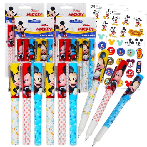 Disney Mickey Mouse Bulk Pen Set - Bundle with 24 Mickey Mouse Ballpoint Pens for Kids Adults Plus Stickers, More | Mickey Mouse Party Favors Kit