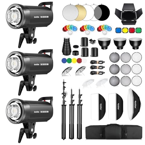 Godox Sk300ii-v Sk300iiv*3Kit Professional Strobe Flash 900Ws GN58 5700K Bowens Mount Photography 3-Light Set with Built-in Godox 2.4G Wireless X System and 10W Modeling Lamp Upgraded(2025)(3Pack)