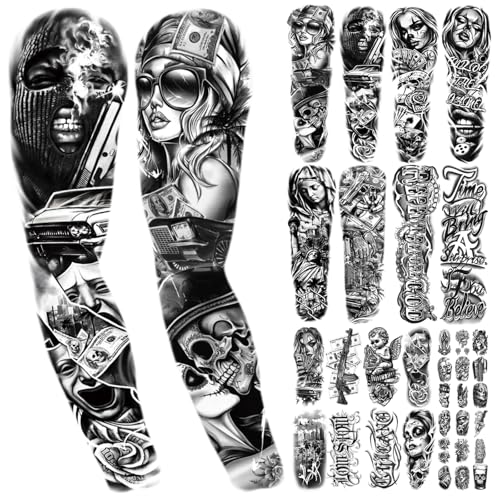 Yazhiji 46 Waterproof Temporary Tattoos For Adult, Chicano Large Full Arm Fake Tattoo Guadalupe Gangster Day of the Dead, Lowrider Style Culture Mexico Clown Tattoo Stickers for Men Women