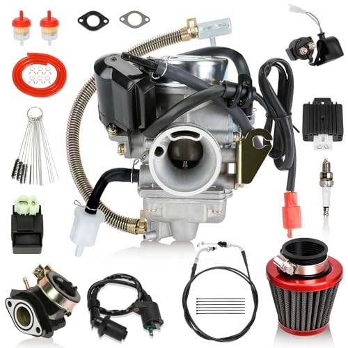 EOPOAYI Performance GY6 150cc Carburetor PD24J Ignition Coil Throttle Cable Kit for 125cc Taotao Scooter Moped 152QMI 157QMJ Engine Kymco Roketa Motorcycle ATV Go Kart Parts with Starter Solenoid
