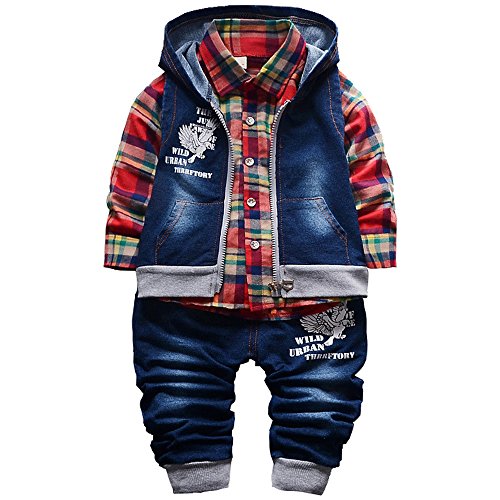 Yao 9M-5T Spring Autumn Baby Boys 3pcs Clothing Set Cotton Shirt Jeans Denim Vest(1-2Years,Red)