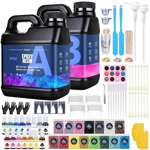 KISREL Epoxy Resin 82oz - Clear Epoxy Resin Kit with 15 Pigments and 15 Colors of Mica Powders - No Yellowing No Bubble Casting Resina for Art Crafts, Jewelry Making, Wood & Resina Molds(41oz x 2)