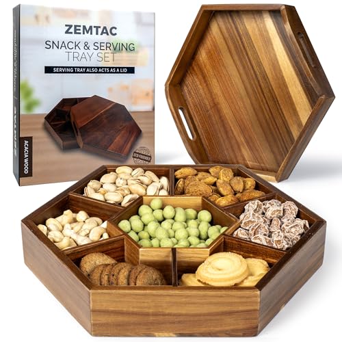Snack Tray with Lid That Doubles as a Serving Tray - 13"x11" Acacia Wood Decorative Tray with 7 Compartments for Dry Fruits & Nuts, Hexagon Coffee Table or Ottoman Tray with Handles for Living Room