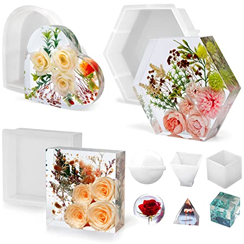 YOILES Resin Molds Silicone,Epoxy Resin Casting Craft Mold for Flower Preservation Bookends DIY Art (Large, Hexagon+Heart+Square)