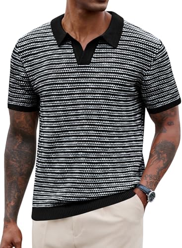 Herberton Man V Neck Polos Casual Striped Shirts Johnny Collar Top Beach Vacation Resort Collared Woven Shirt Black M