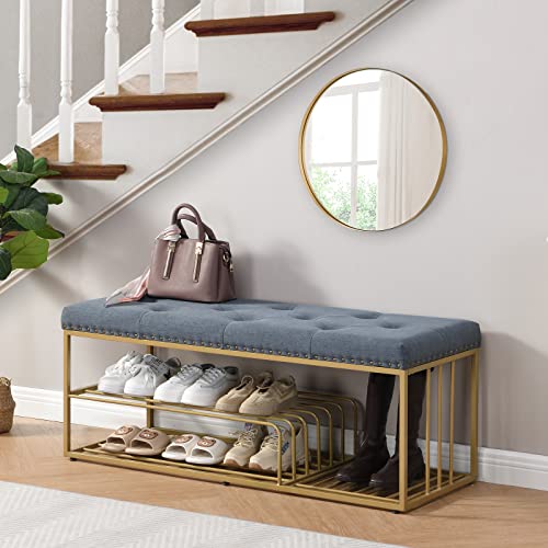 FERFALDER Upholstered Shoe Storage Bench-Nailhead Trim Linen Ottoman Bench with Shoes Rack for End of Bed Entryway Window Bedroom Living Mudroom Room,Blue