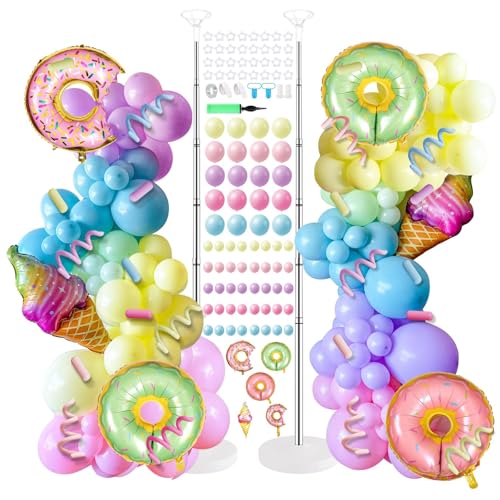 2 Sets Doughnut Balloon Column Stand Kits Adjustable Macaron Colour Rainbow Balloons Ice Cream Balloon Column Kit Candy Sprinkle Doughnut Themed Tower Stand Kit for Birthday Kids Sweet Party