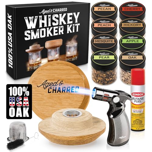 Whiskey Smoker Kit with Torch and Butane - 8 Flavors Wood Chips, 100% USA Oak Smoker, High-End Set - Cocktail Smoker Kit for Drinks - Old Fashioned Bourbon Smoker Gift Set for Men