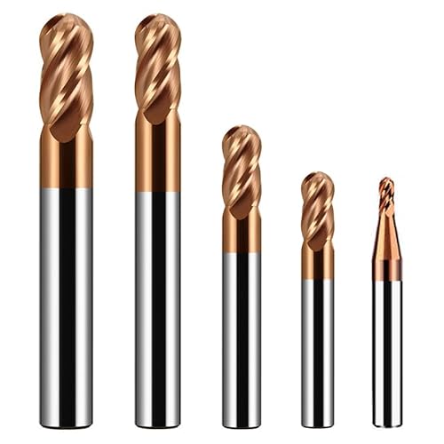 sisona 1/16" 1/8" 3/16" 1/4" 3/8" Carbide Ball Nose end Mill Bits Set - 5Pcs 4 Flutes TISIN Coated - for Alloy Steels, Hardened Steels