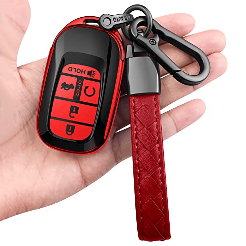 Sindeda for Honda Key fob Cover with Leather Keychain Soft TPU Full Cover Protection,for 2022 2023 2024 2025 Civic Accord HR-V Pilot CR-V,5-Buttons Key Fob Shell(Red)