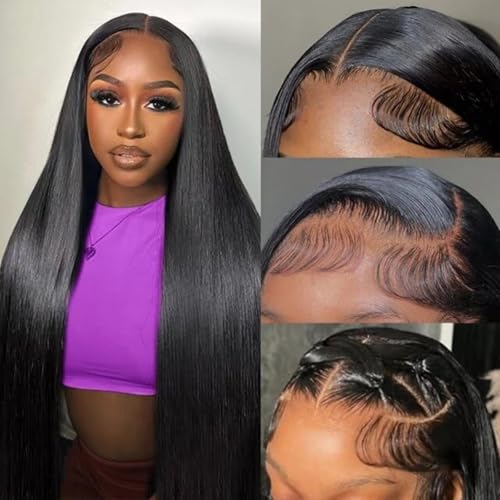 Beauty Queen 16A Straight Lace Front Wigs Human Hair Pre Plucked 13x4 Transparent HD Lace Frontal Straight Wigs Human Hair 220 Density Remy Thick Glueless Wigs for Women Natural Black 18 Inch