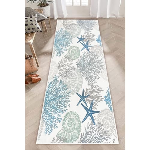 Beach Coastal Hallway Runner Rug 2x6 Starfish Ocean Theme Throw Accent Rugs Teal Blue Area Rug Nautical Hallway Rugs Non Slip Washable Runner Floor Carpet for Entryway Kitchen Laundry Bathroom Bedroom