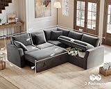 PaPaJet Sleeper Bed, 85 Inch Oversized Sofa Bed with Storage Seat, L Shaped Sofa Couch with Pull Out Bed, Sectional Sofa for Living Room Apartment, Linen Grey