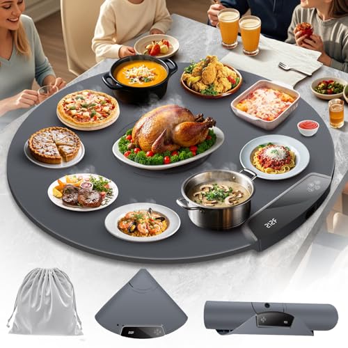 Upgraded Warming Mat for Food,Extra Large Food Warming Mat,Roll Up Electric Warming Tray,Silicone Food Warming Mat for Buffet,11 Temp Settings&9 Hrs Timer, Food Warmer Mat for Parties(Round)