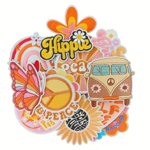 IANZE 15PCS Groovy Retro Hippie Iron on Patches Vintage Boho Peace Sign Embroidered Patches for Clothes, Dress, Hat, Jeans, DIY Accessories
