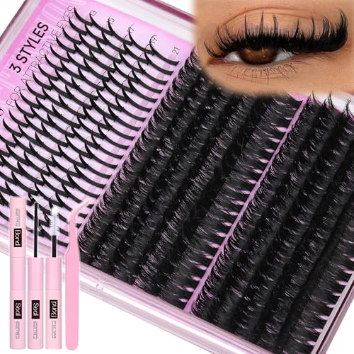 TNFVLONEINS Lash Clusters Kit with Spikes 12-21MM Lash Extension Kit Wispy Eyelash Extension Kit DIY Spiky Individual Lashes Clusters 300Pcs Manga Lash Clusters D-Curly Eyelash Clusters Kit