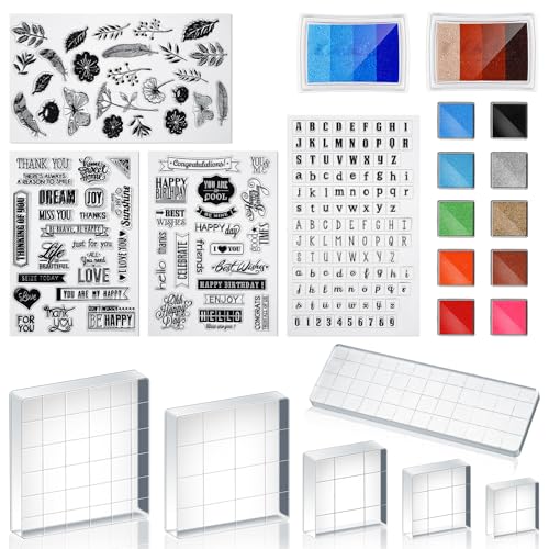 Zonon 22 Pieces Acrylic Stamp Blocks Tools Set Include 6 Clear Stamp Blocks, 4 Transparent Silicone Seals, 12 Craft Ink Pad for Scrapbooking Card Making