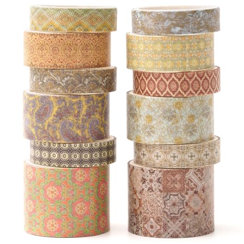 Songdao 12 Rolls Exotic Charm Washi Tape Set Floral Arts Adhesive Tapes Geometric Garden Decorative Masking Tape Sets for Craft, Kids, Scrapbook, DIY, Gift Wrapping (Gilded Radiance)