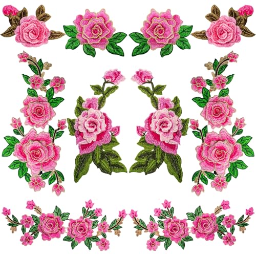 10Pcs Rose Flower Embroidered Patches, 3D Red Flower Sew Iron On Patch, Applique Sewing Patches for Clothing, Bags, Jackets, Jeans DIY Embellishments Craft Decoration (Need to sew)