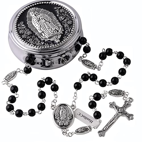 HanlinCC 6mm Glass Pearl Beads Catholic Our Lady of Guadalupe Rosary Necklace for Women and Men with Metal Gift Box (Guadalupe Rosary Black, Zinc Alloy)