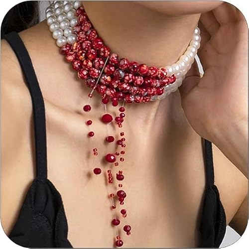 DAYANEY Blood Pearl Necklace, Halloween Vampire Gothic Necklace, Pearl Choker Necklace for Women, Dripping Bloody Pearl Necklace Jewelry Halloween Party Costume Gift