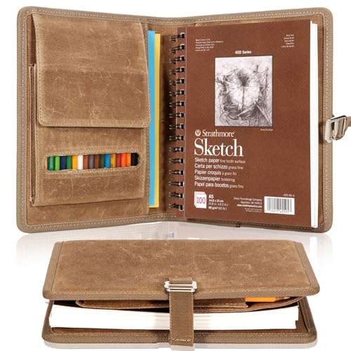 Plinyvel Sketchbook Cover, with Colored Pencil case, Compatible with Strathmore Sketchbook 5.5" x 8.5" inch, Waxed Canvas, for Art pens, Architects, Painters (Brown)