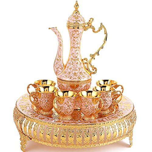 Turkish Coffee Cup and Tea Pot Set Including Teapot,Tea Tray,6 Metal Cups,Tea Service Set for Tea Table Decor,Hip Flask (White and Gold)