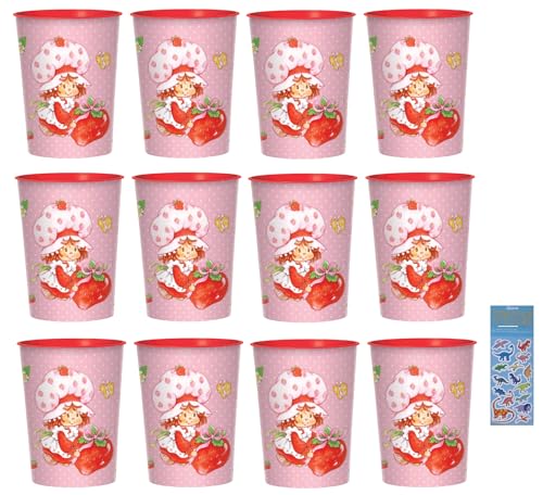 Strawberry Shortcake Birthday Party Supplies Bundle includes 12 Plastic Reusable Cups 16oz and 1 Dinosaur Sticker Sheet