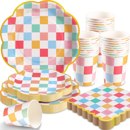joy akkess 200 PCS Pastel Paper Plates Tableware Set Serves 50 Pastel Gingham Plates Disposable Dinnerware 50 9" Plates 50 7" Plate 50 9oz Cups 50 Napkins for Birthday Baby Shower Wedding