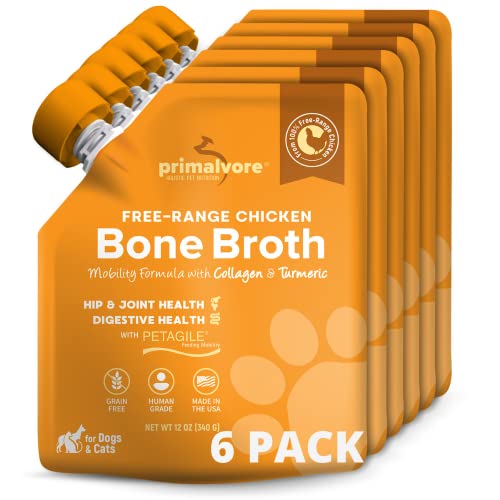 Primalvore Free-Range Bone Broth for Dogs &Cats, Mobility Formula w/Collagen Peptides to Help Support Hip & Joints, Digestion, Skin & Coat and Hydration, Human Grade, Made in USA. Chicken 6 Pack