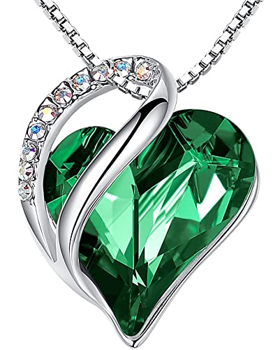 Necklaces for Women, Infinity Love Birthstone Heart Pendant with Emerald Green Crystal for May, Birthday Jewelry Gifts for Her, Mom, and Wife, Silver Plated, 18 plus 2 inch Adjustable Chain