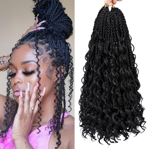 Goddess Box Braids Crochet Hair 14 Inch 8 Packs Pre-looped Bohemian Crochet Boho Box Braids With Curly Ends 3X Crochet Braids Hair for Women Synthetic Braiding Hair (14 inch, #1B)