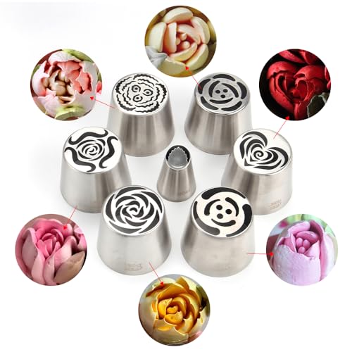 6 Pieces Extra Large Stainless Steel Russian Tulip Marshmallow Icing Tips Kit, Cupcake Dessert Piping Nozzles Set,1 Small Size Russian Icing Tip for Cake Decorations,Pastry Baking Tools