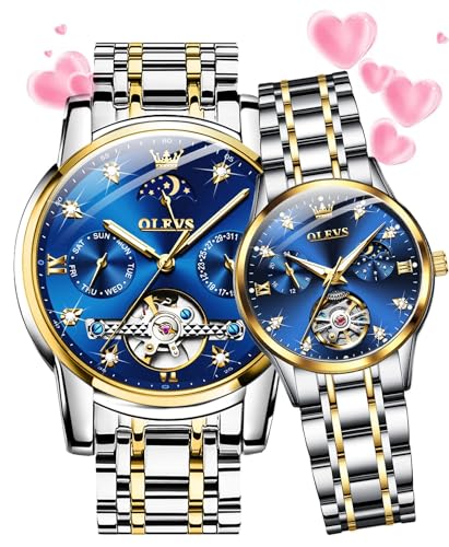 OLEVS Valentines Couple Pair Automatic Watches His and Her Couple Set Diamond Blue Wrist Watch Men Women Lovers Wedding Romantic Gifts Set of 2