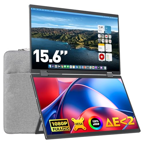 Upperizon Laptop Screen Extender 15.6 Inch FHD 1080P 360° Foldable Dual Monitors 120% sRGB ΔE<2 HDMI USB-C Stacked Triple Portable Monitor for Laptop PC Windows Mac with Kickstand VESA Mountable