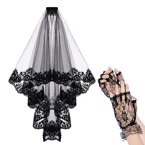 Choyaxo Black Lace Floral Wedding Veil with Comb and Gloves for Women Brides Cosplay