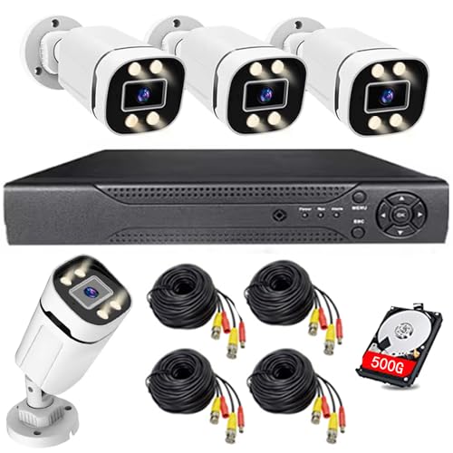 Home Security System 4Channel DVR Kits with 4pcs 1080P Waterproof Bullet Analog AHD Camera 3MP Lens Full Color Night Vision Outdoor Surveillance Wired CCTV Set (Include 500GB HDD) 24-7 Recording