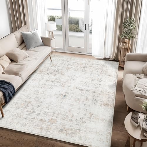 Dotiiorug Washable 8×10 Area Rug for Living Room, Vintage Floral Rug Soft Non Slip Stain Resistant Boho Carpet for Bedroom Dinning Room Home Office Beige