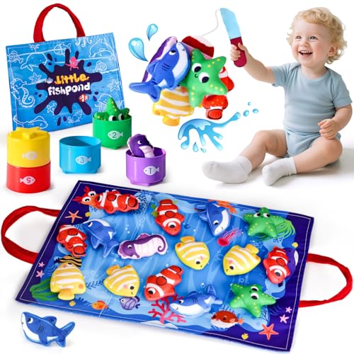 LovesTown Montessori Toys for Toddlers, Toddler Fishing Games with Stacking Cups Different Fish Color Sorting Toys Gifts for Boys Family Entertainment Education Shape Learning