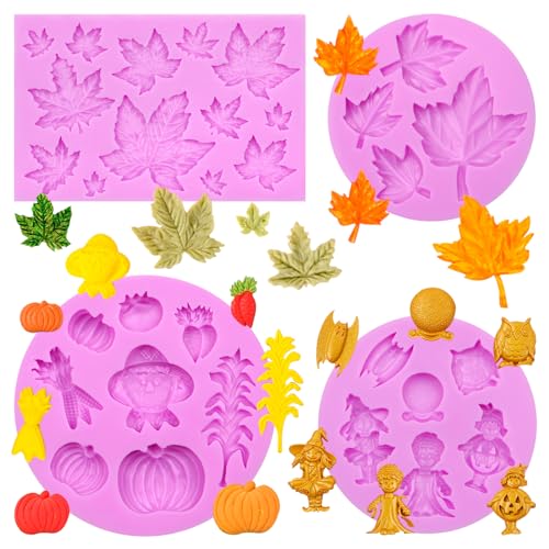 Acvcatto Fall Silicone Molds, Thanksgiving Maple Leaf Pumpkin Fondant Molds for Baking Cake Decoration, Cupcake Toppers, Fall Chocolate Resin Gum Paste Polymer Clay