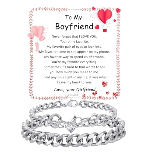 Matching Couple Cuban Chain Bracelets Gifts for Boyfriend Husband Soulmate Girlfriend Valentine's Day Anniversary Birthday Christmas Gift for Him and Her,Adjustable Size (Silver+Silver, Boyfriend)