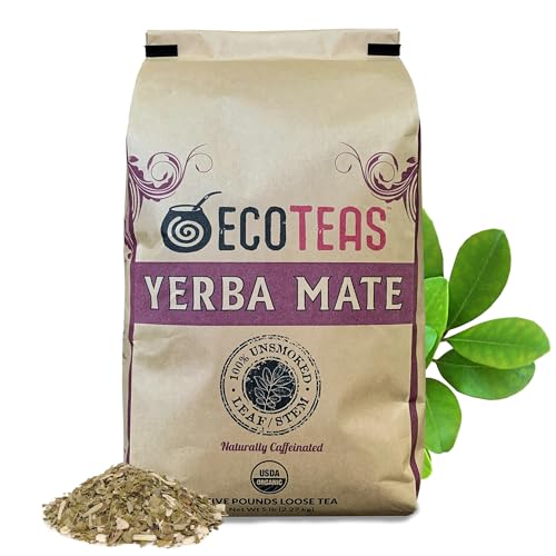 ECOTEAS Organic Yerba Mate Loose Leaf Tea – Unsmoked Detox Herbal Tea for Natural Energy – Coffee Alternative - Kosher, Non-GMO, Gluten-Free - Traditional Leaf-Stem Cut, 5 lb