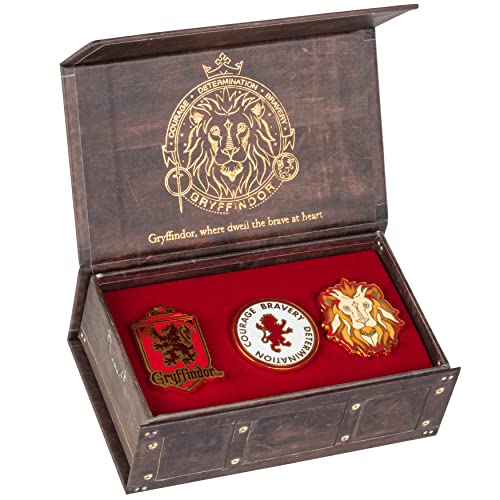 Harry Potter Gryffindor Enamel Pins, Set of 3 - In Hogwarts Trunk Storage Case Gift Box - Collectible Metal Button Accessory - Officially Licensed - Book & Movie for Kids, Boys, Girls, Teens