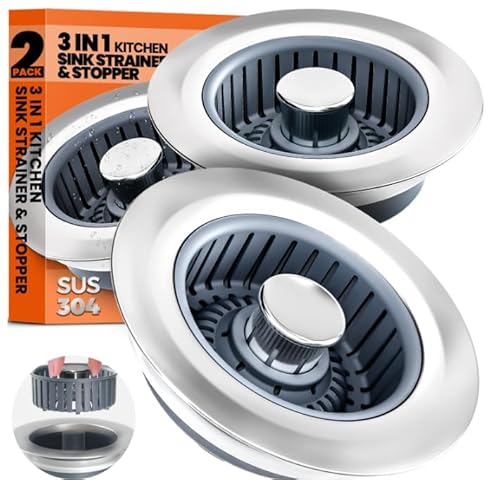 2 Pack 3 in 1 Kitchen Sink Drain Strainer & Sink Stopper Upgraded Stainless Steel Drain Plug with Anti-Clog Basket Drain Stopper Combo, Pop Up Sink Stopper for Standard 3-1/2'' Drain
