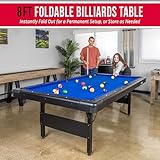 GoSports Full Size 8 ft x 4.2 ft Billiards Game Table - Foldable Design, Includes Full Set of Pool Balls, 2 Cue Sticks, Chalk, and Felt Brush - Blue