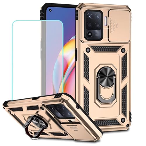 Vokuha Case for Oppo A94 4G / Reno 5 Lite / F19 Pro/Reno 5F CPH2203 Case with Tempered Glass Screen Protector and Slide Camera Cover, 360° Rotate Ring Stand Magnetic Cover for Oppo A94 4G Gold